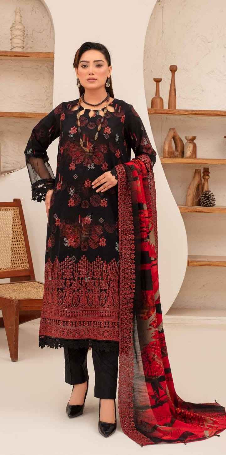 Black and Burgundy Printed Shalwar Qamiz Set