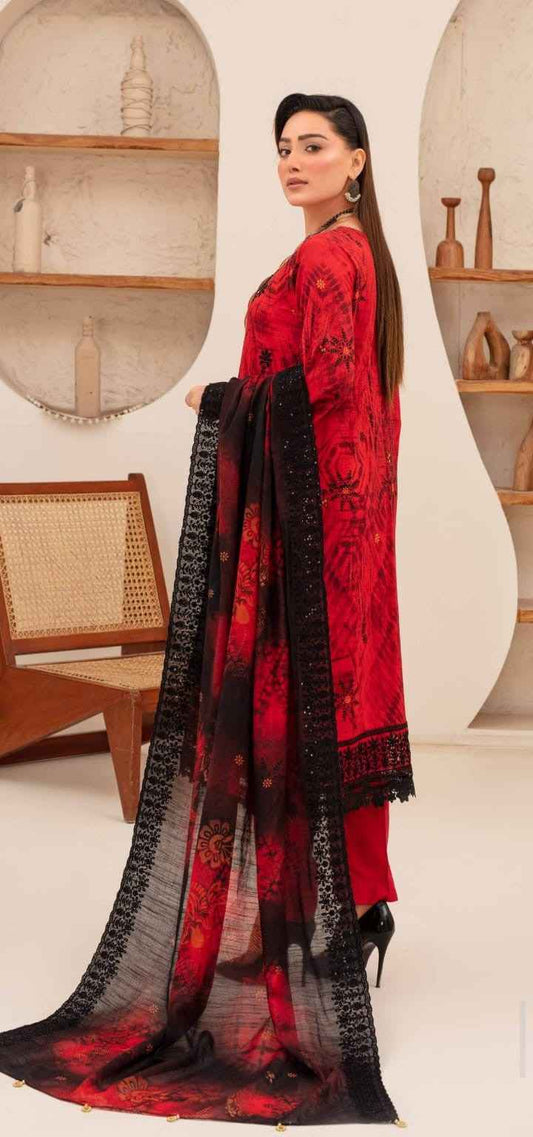 Black and Burgundy Printed Shalwar Qamiz Set